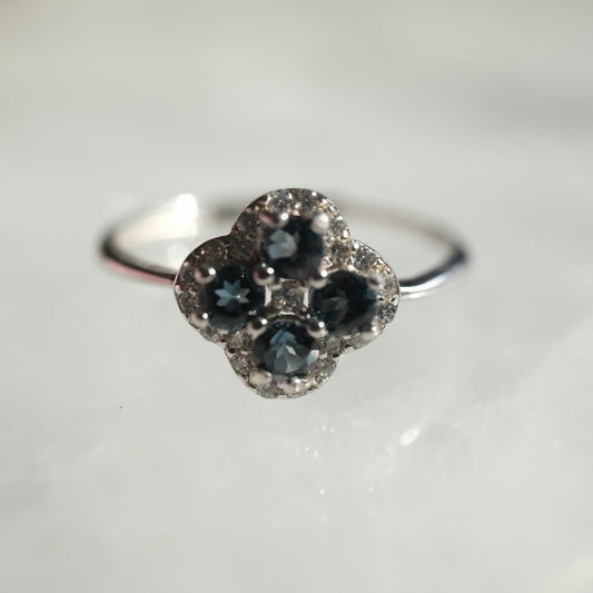 London Blue Topaz S925 adjustable ring with floral cluster design