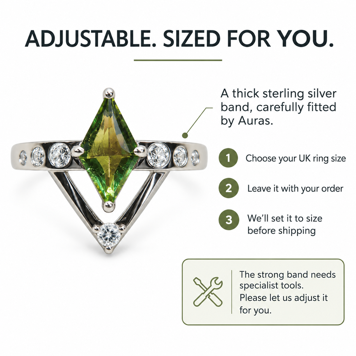 Adjustable, sized for you. Thick sterling silver band needs specialist tools. Leave your UK ring size with your order and Auras will set it before shipping.