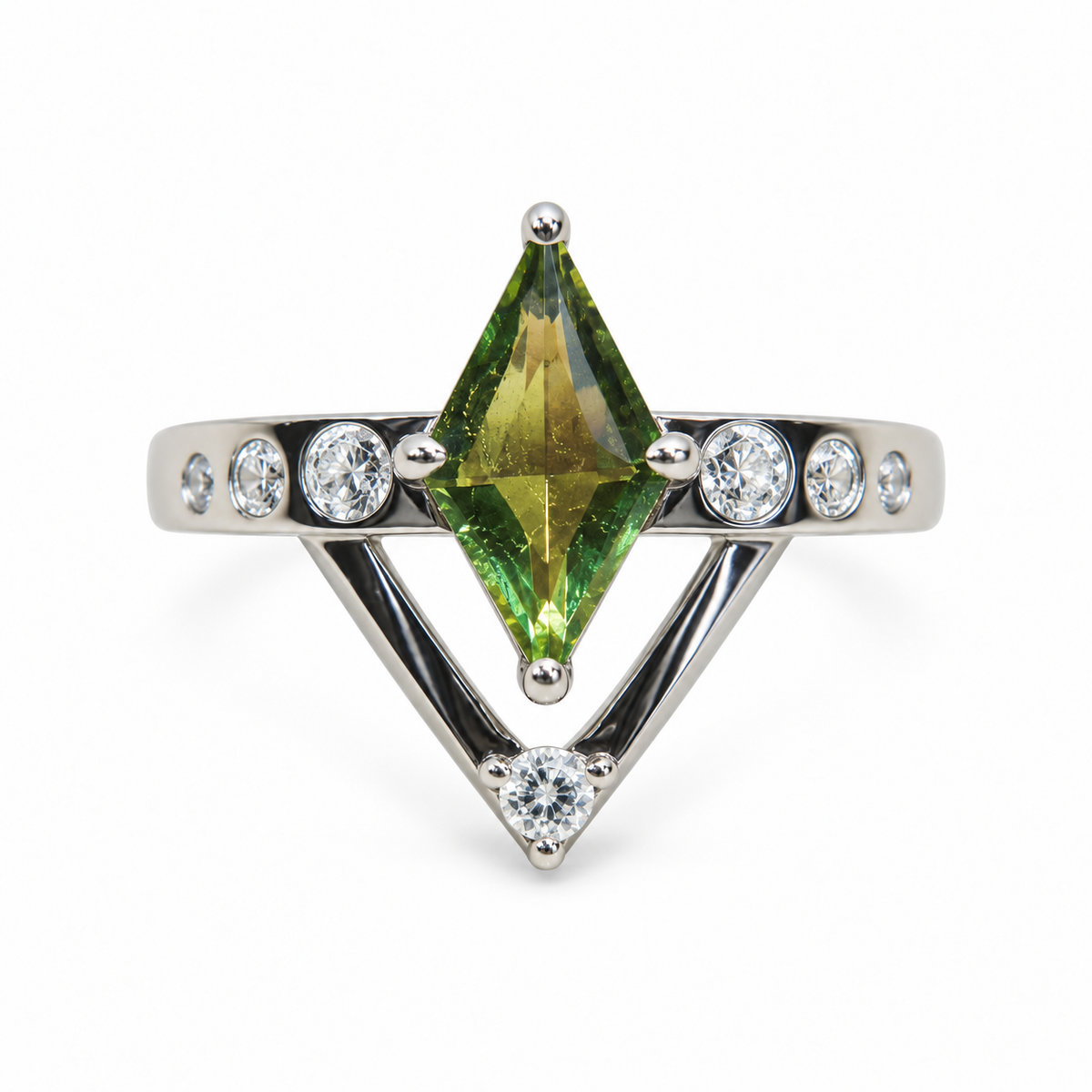 Moldavite sterling silver Auras Intention Ring, upright view on white background