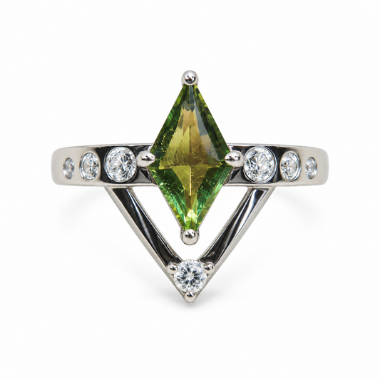 Moldavite sterling silver Auras Intention Ring, upright view on white background