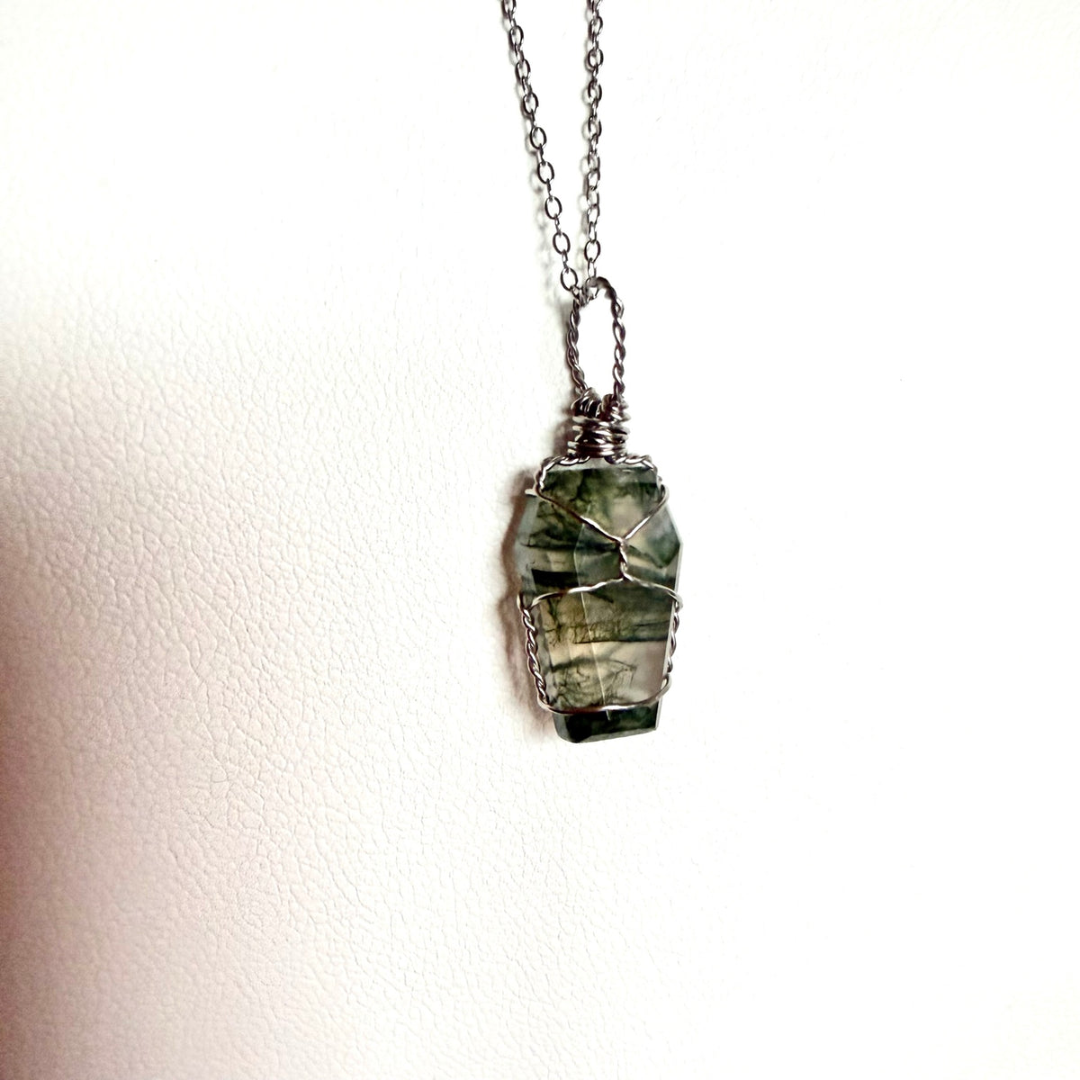 Handmade Moss Agate coffin pendant necklace, view 1