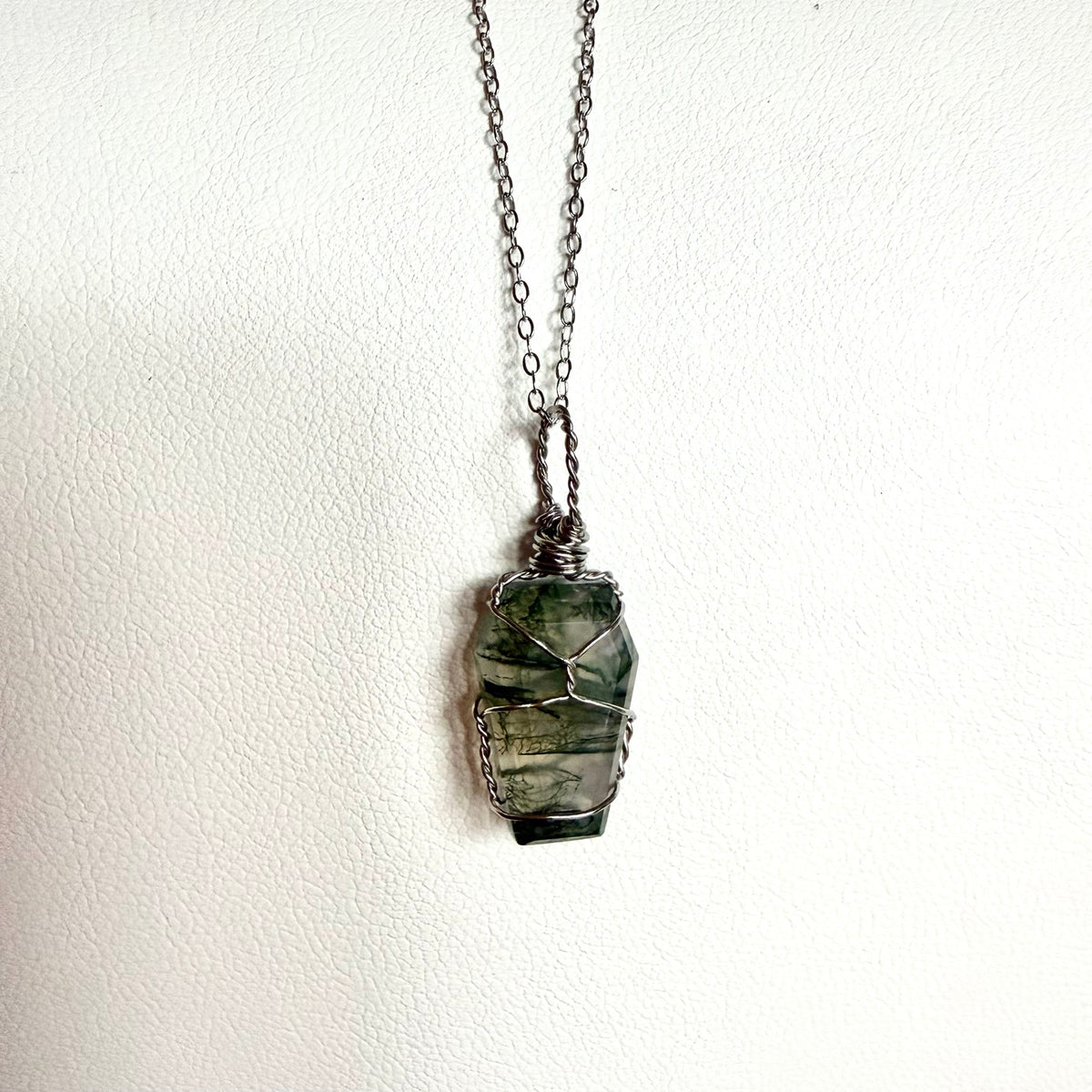 Handmade Moss Agate coffin pendant necklace, view 2