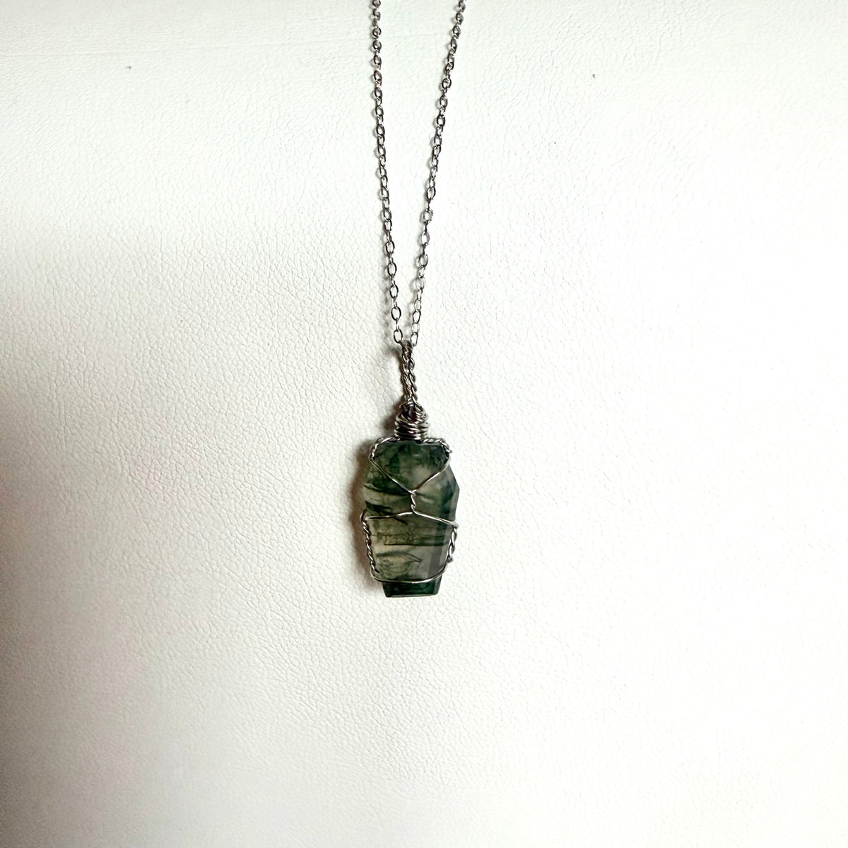 Handmade Moss Agate coffin pendant necklace, view 3