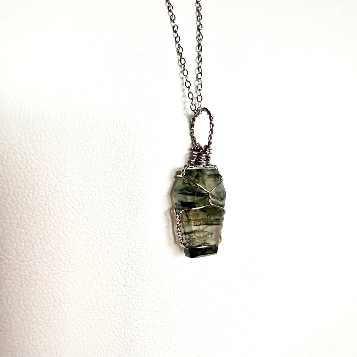 Handmade Moss Agate coffin pendant necklace, view 4