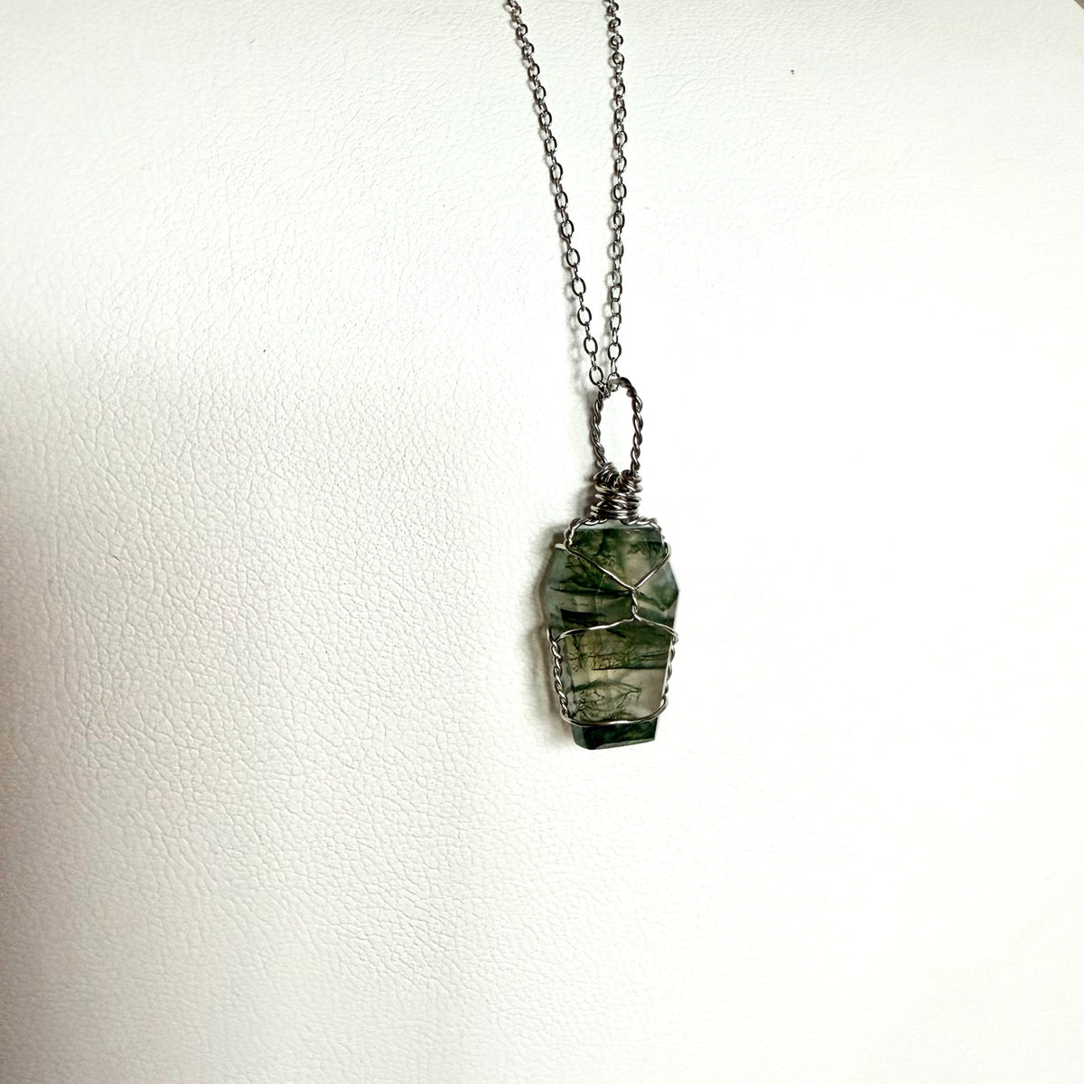 Handmade Moss Agate coffin pendant necklace, view 5