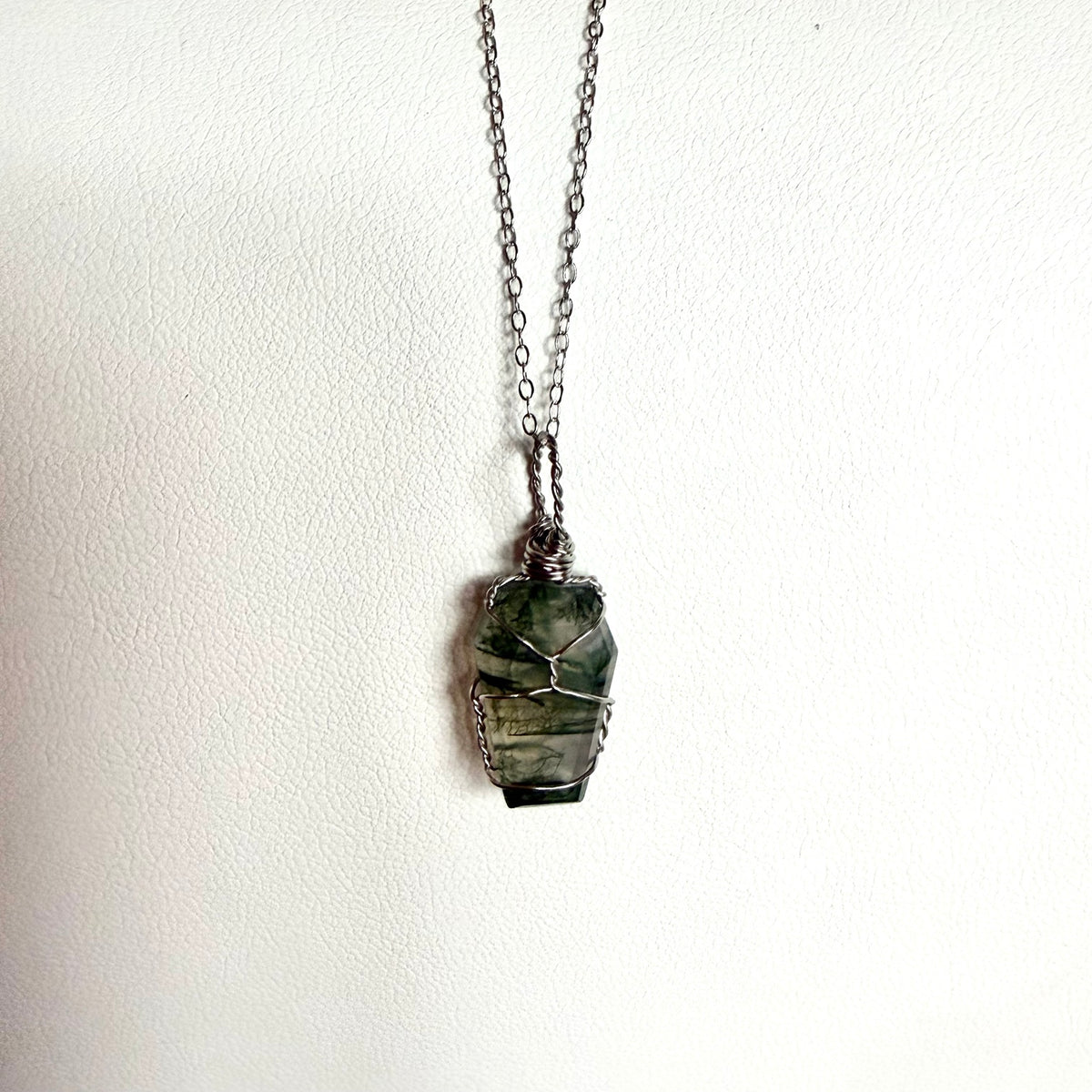 Handmade Moss Agate coffin pendant necklace, view 6