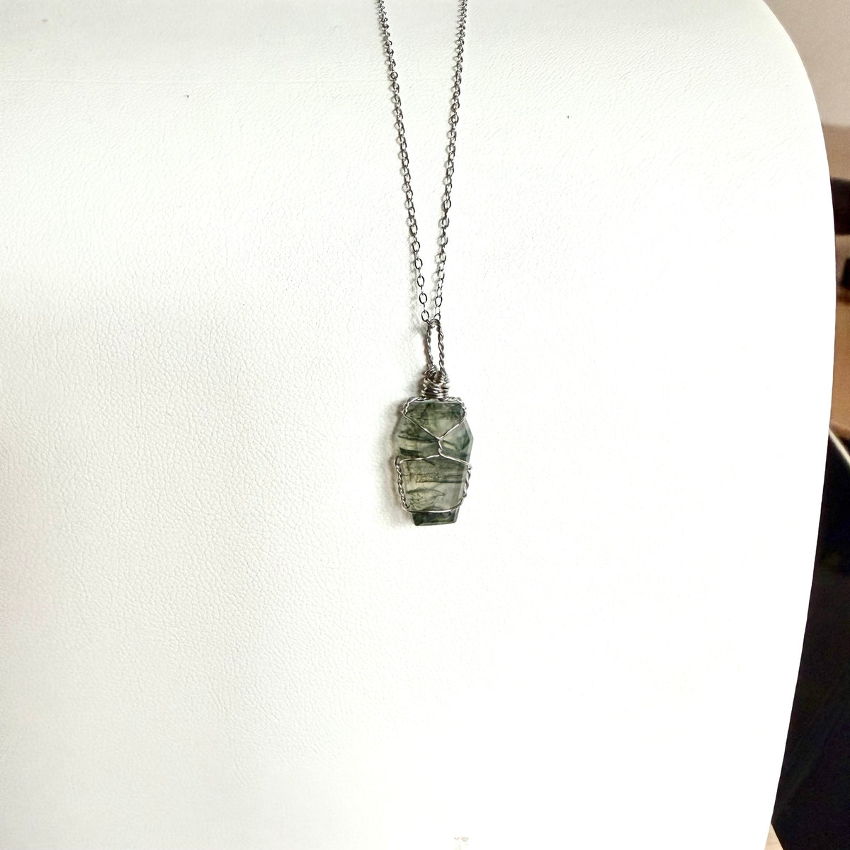 Handmade Moss Agate coffin pendant necklace, view 7