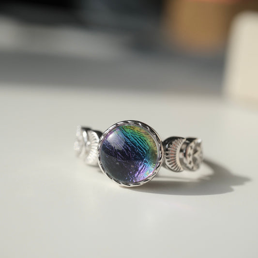 Muonionalusta meteorite S925 moon and star adjustable ring, front view