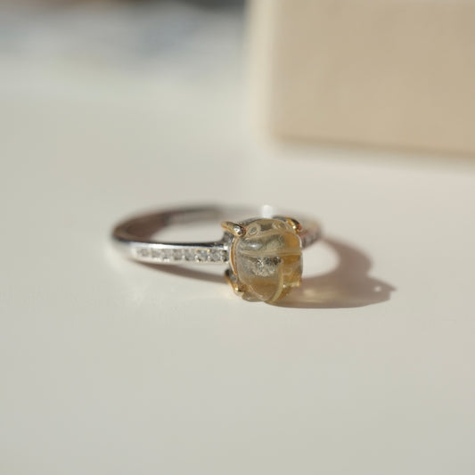 Small carved Libyan Desert Glass scarab ring front view