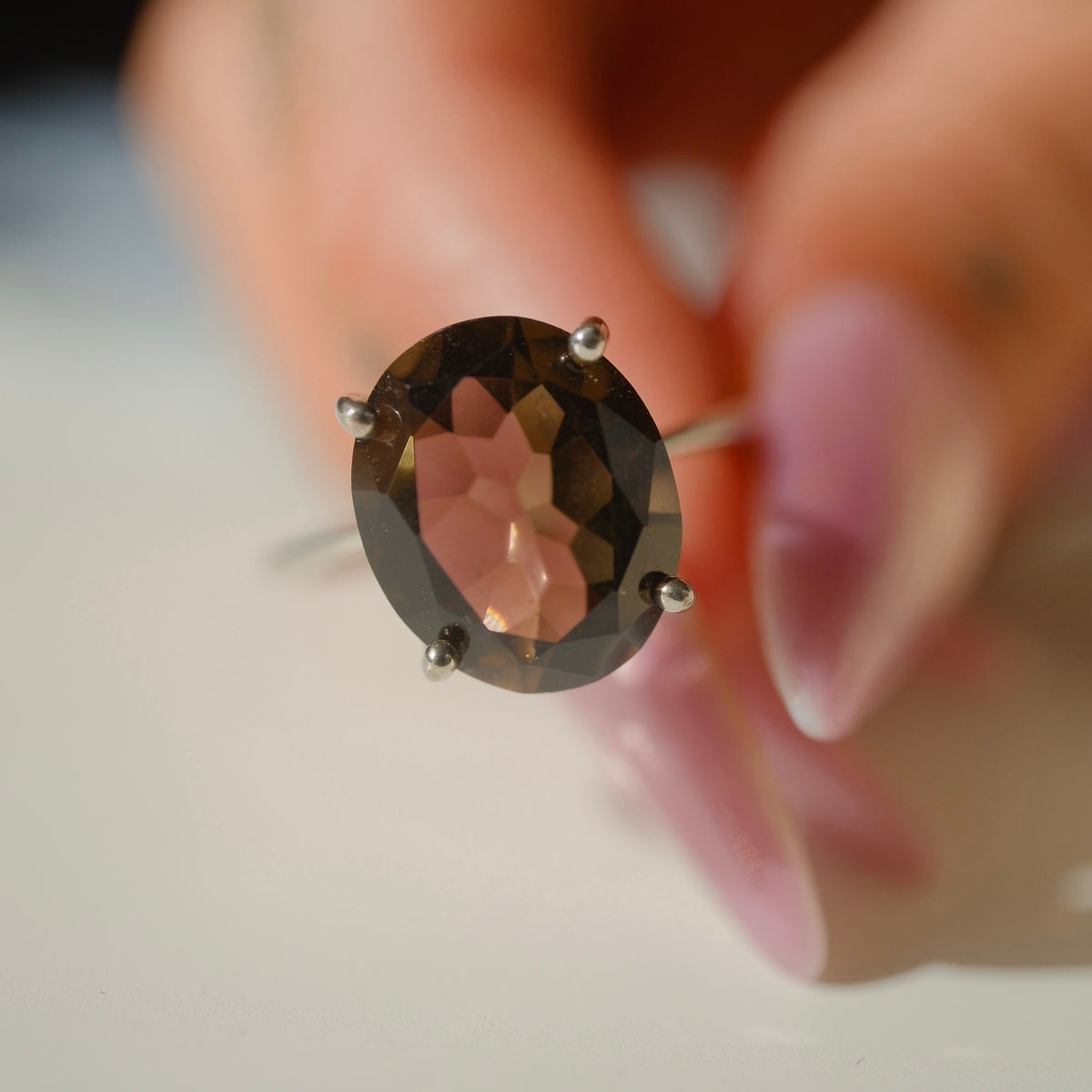 Oval smoky quartz ring, front view