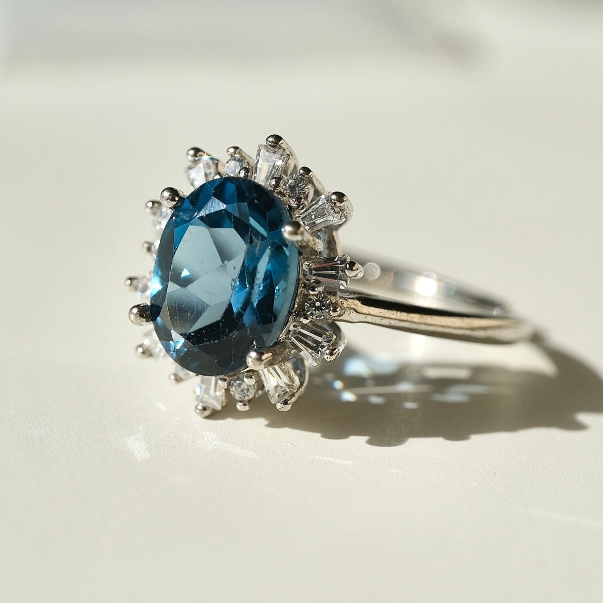 London Blue Topaz ring angled view