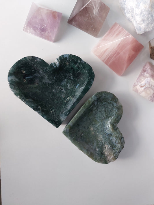 Moss Agate Heart Shape Carved Bowls