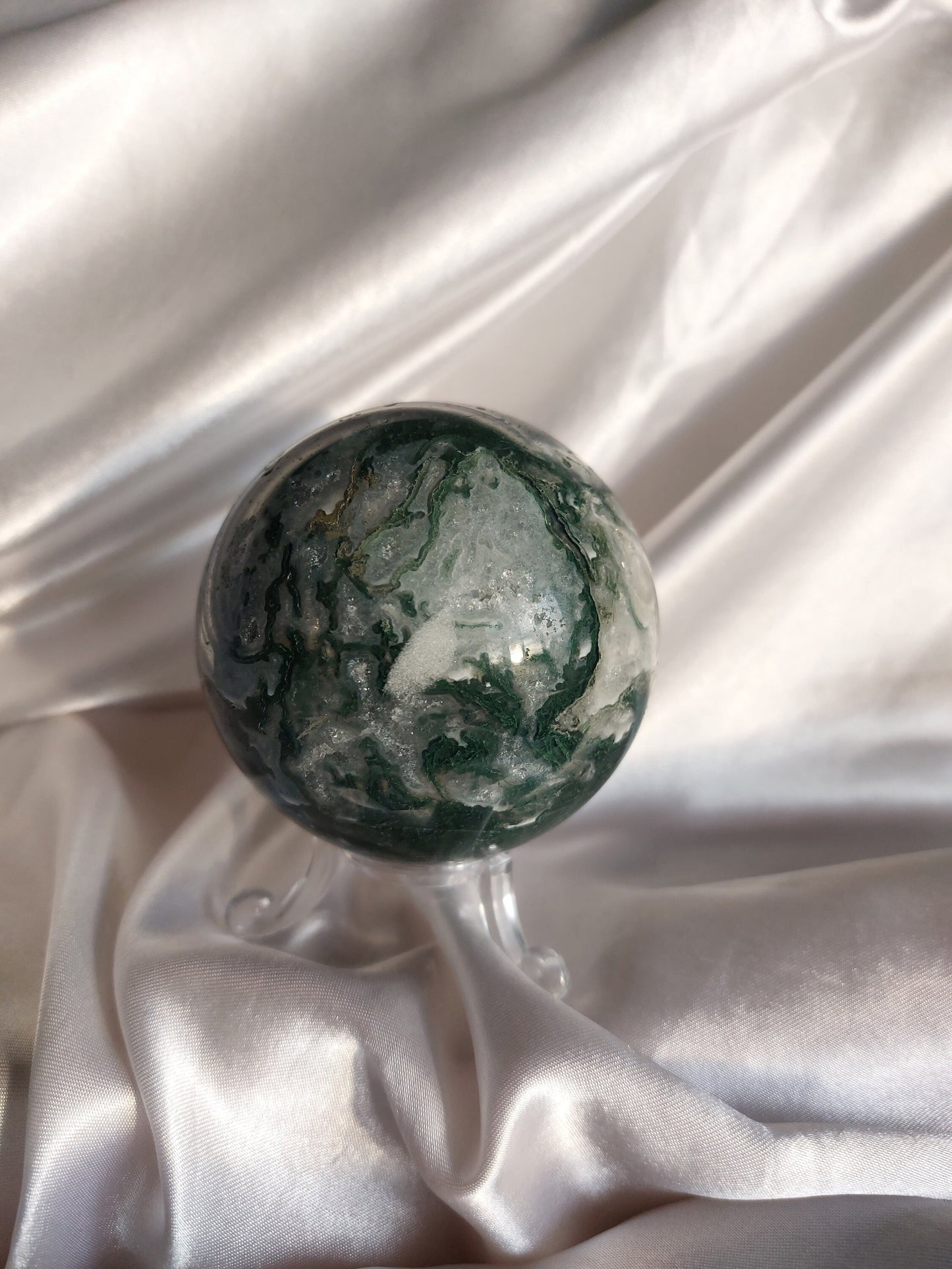 Moss Agate Sphere With Quartz And Mini Druzy