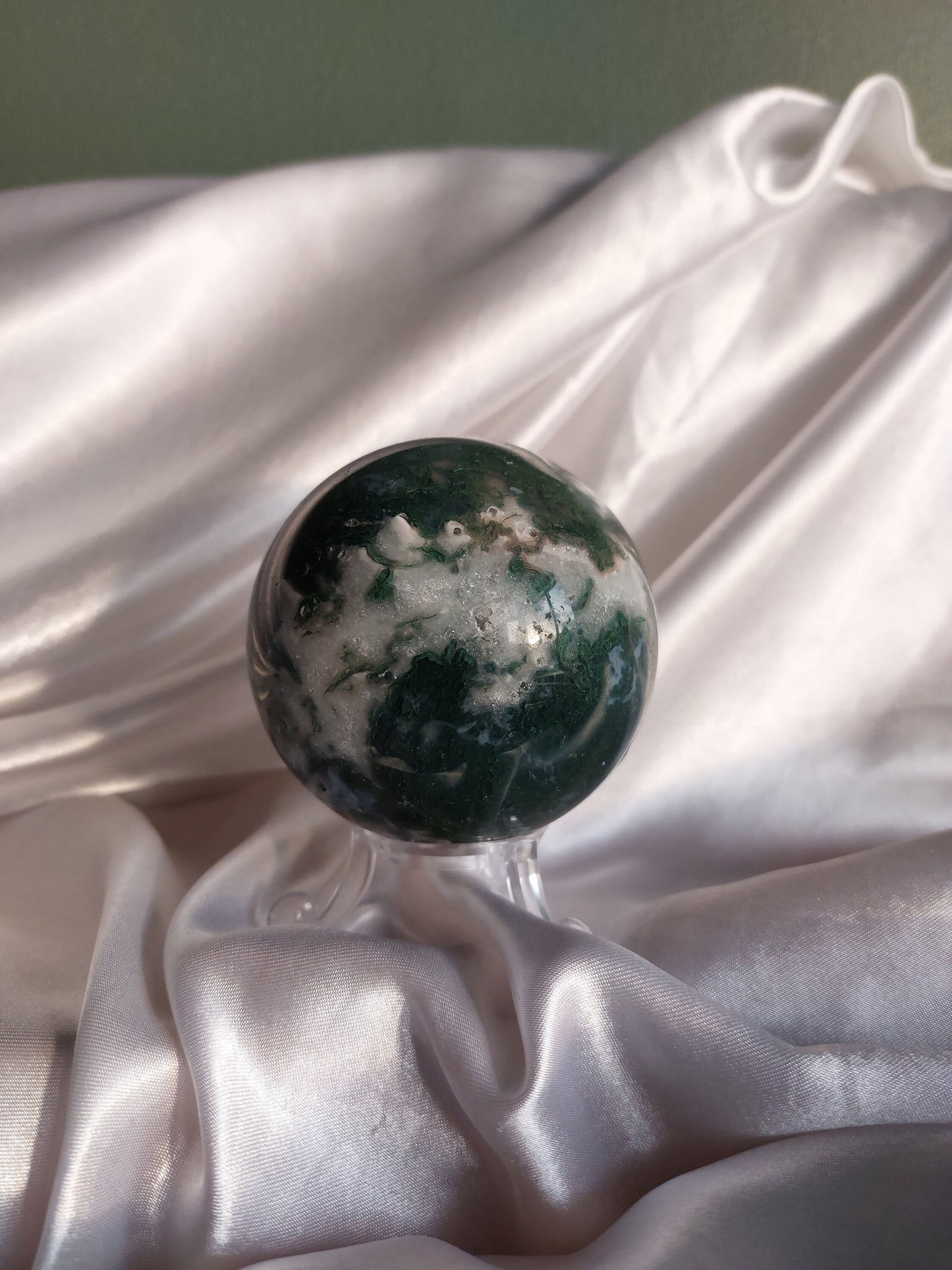 Moss Agate Sphere With Quartz And Mini Druzy